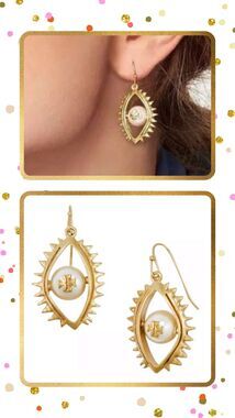 TORY BURCH Asymmetrical Gold Pearl Evil Eye Logo Drop Earrings